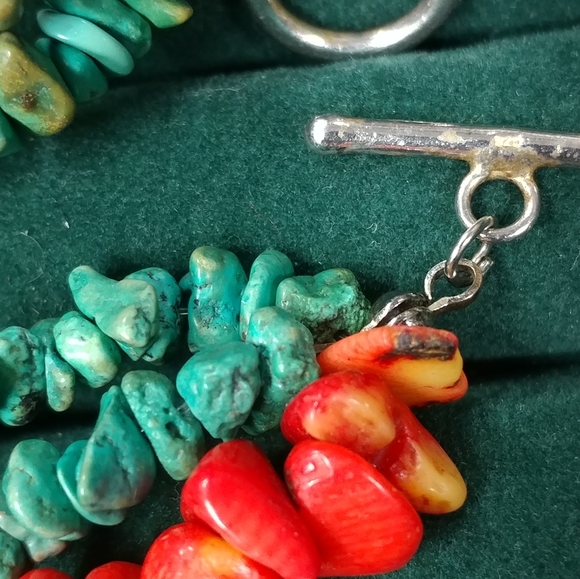 Turquoise Chip & Coral Bracelet 3 Strand 925 Sterling Silver 8" Long - Picture 14 of 16